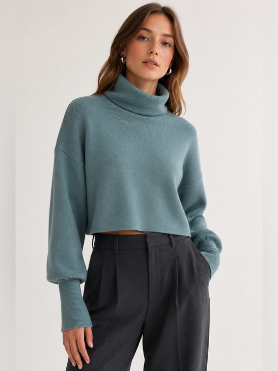 Aritzia Sweaters - Aritzia Wilfred Wool Blend Cropped Turtleneck Sweater Blue Green Size Small